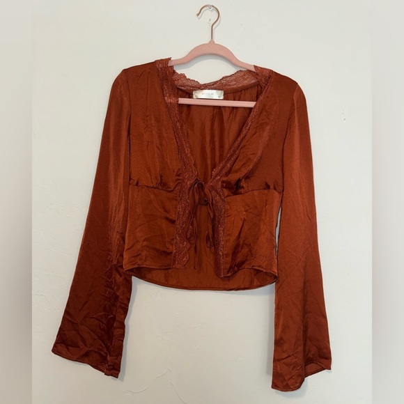 better me Tops - Better Me Rust Satin Tie-Front Top with lace size medium